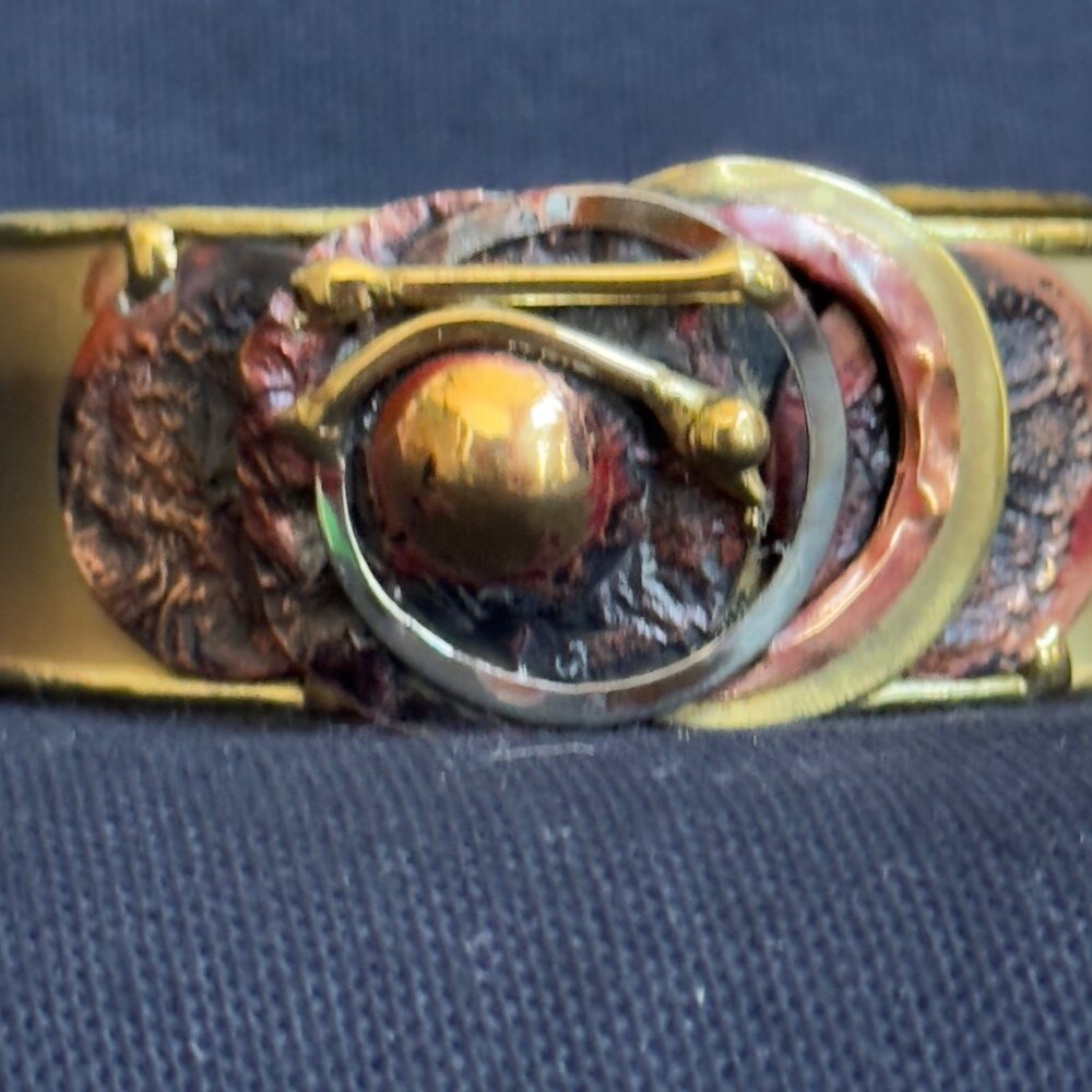 South African Hand-crafted Brass Cuff Bracelet Abstract Red Gold Metal Accents - Picture 10 of 13